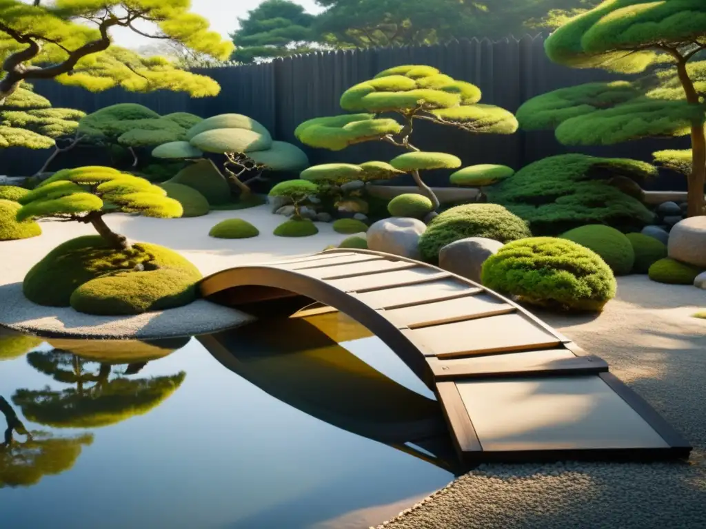 Un jardín japonés sereno con árboles bonsái y un puente de madera sobre un estanque tranquilo