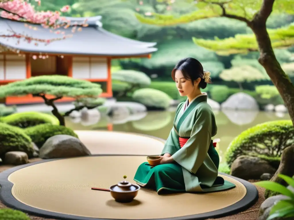 Un jardín japonés sereno con ritual del té en Japón, donde la belleza de los cerezos en flor se fusiona con la tradición y la serenidad