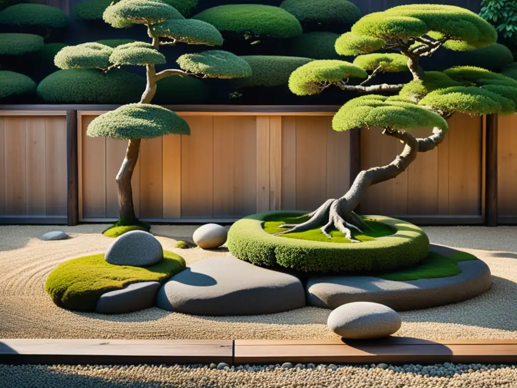 Jardín japonés sereno con rocas, bonsáis y valla de madera, reflejando el minimalismo asiático en arte moderno