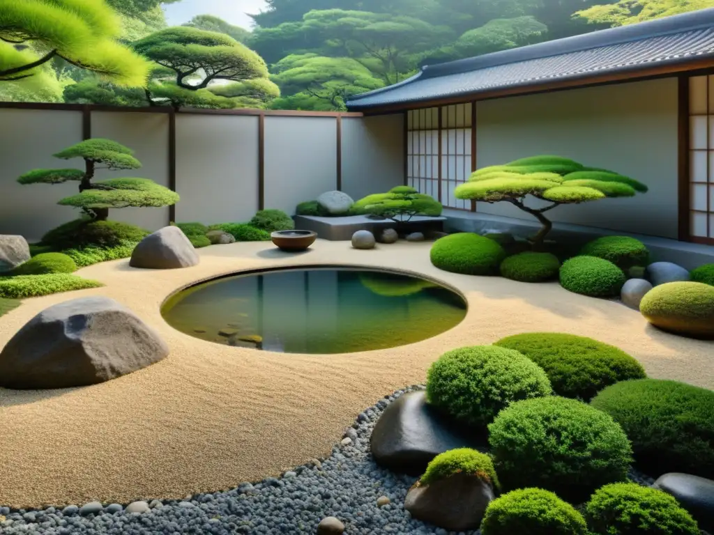 Jardín zen japonés sereno con rocas, estanque y vegetación exuberante