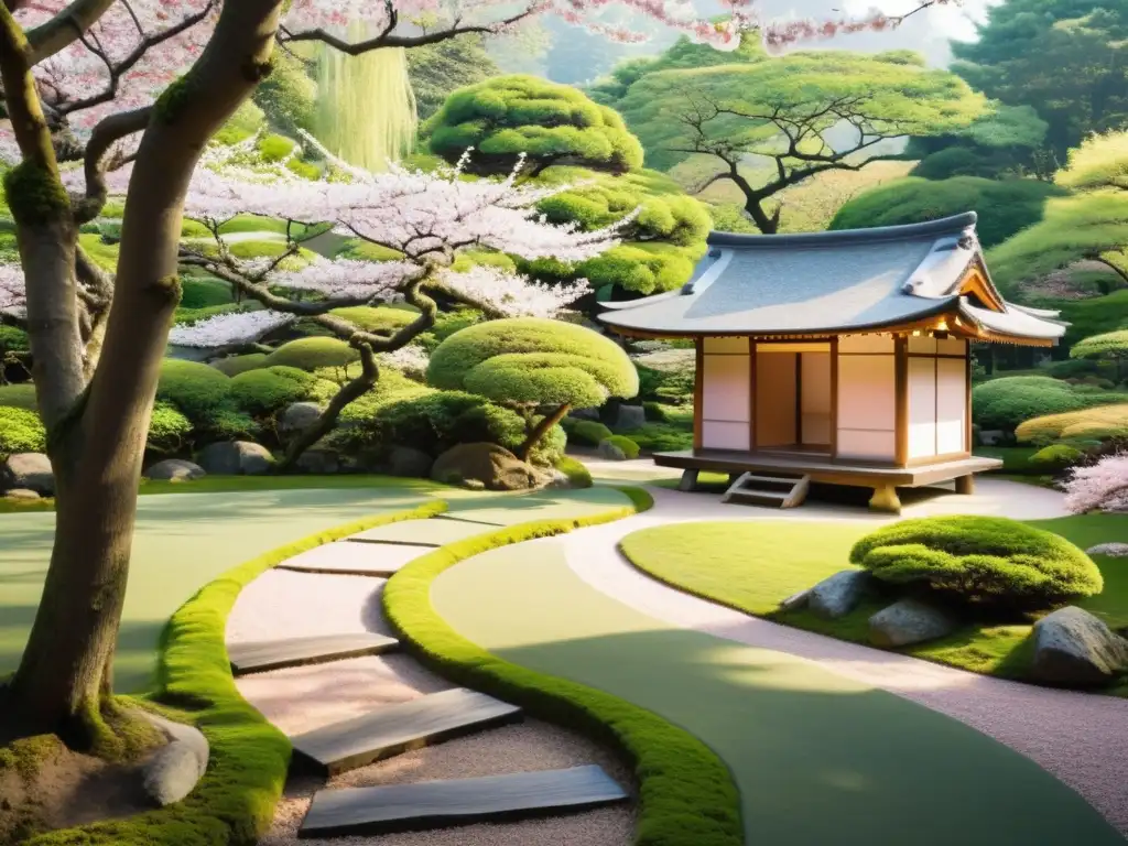 Un jardín japonés sereno con sendero de piedra entre cerezos en flor, refleja la visión del mundo en la poesía de Basho