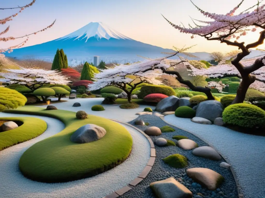 Un jardín japonés sereno con un sendero de piedra, un arroyo y un monte Fuji al fondo