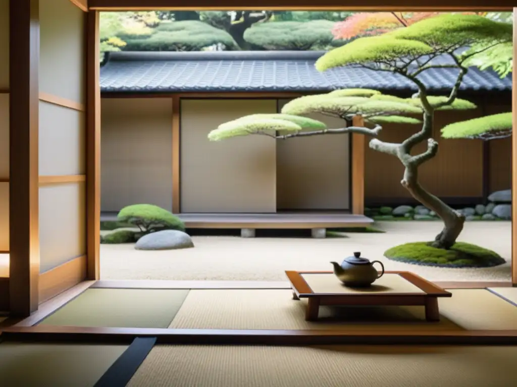 Un jardín japonés sereno con un tea house tradicional, influencia del minimalismo japonés para el bienestar occidental