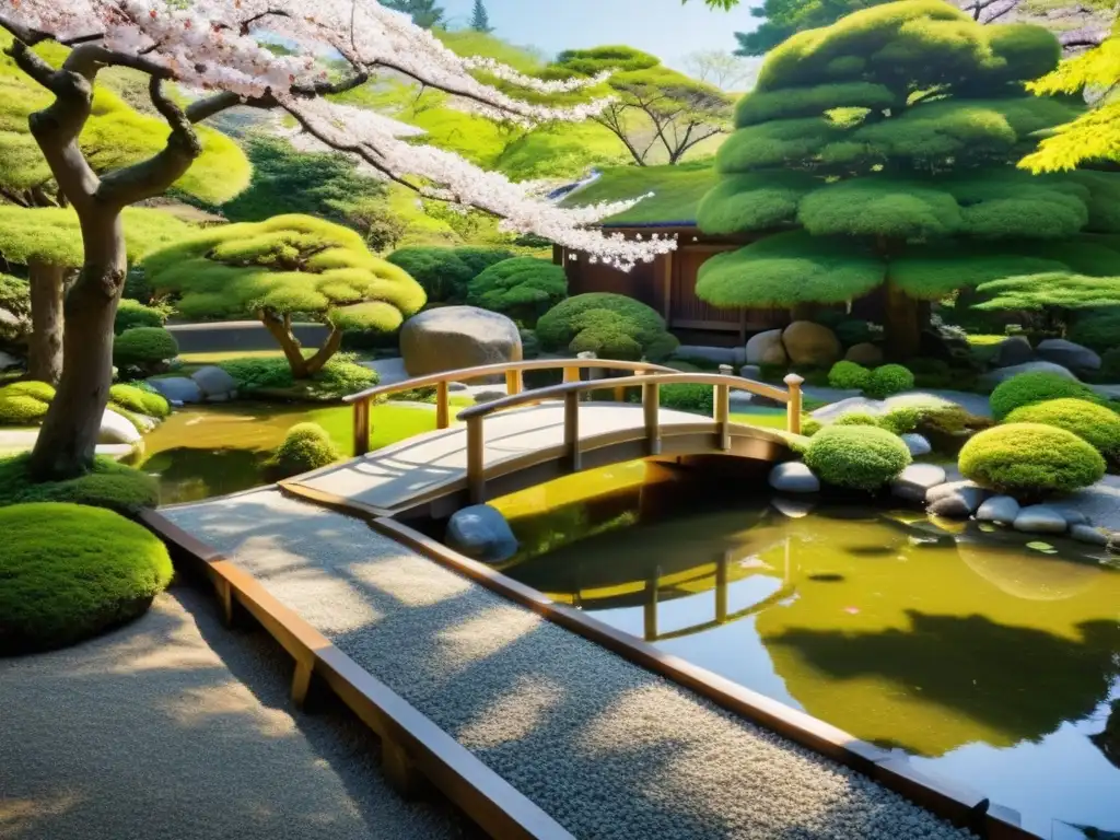 Un jardín japonés sereno y tranquilo con un puente de madera sobre un estanque, rodeado de vegetación exuberante y árboles de cerezo en flor