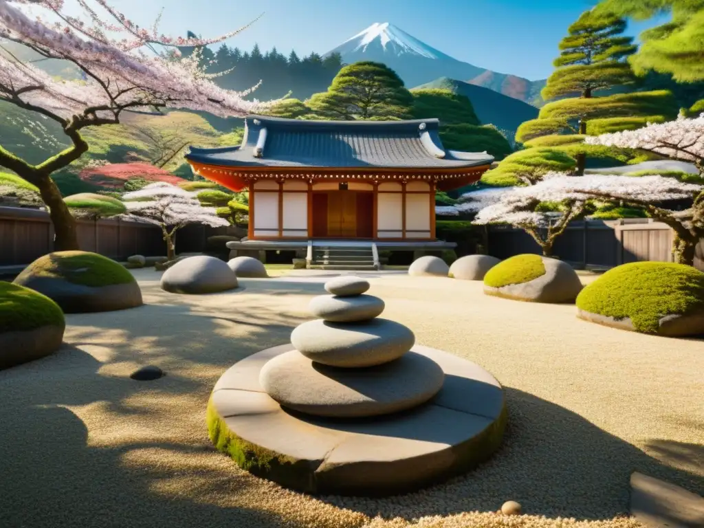 Jardín de piedra japonés con templo tradicional entre árboles de cerezo y luz filtrada, inspirando inversiones seguras en filosofía oriental