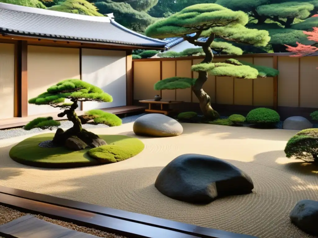 Un jardín zen japonés tradicional con bonsáis, grava, musgo, y un estanque con peces koi, rodeado por una valla de madera y una casa de té