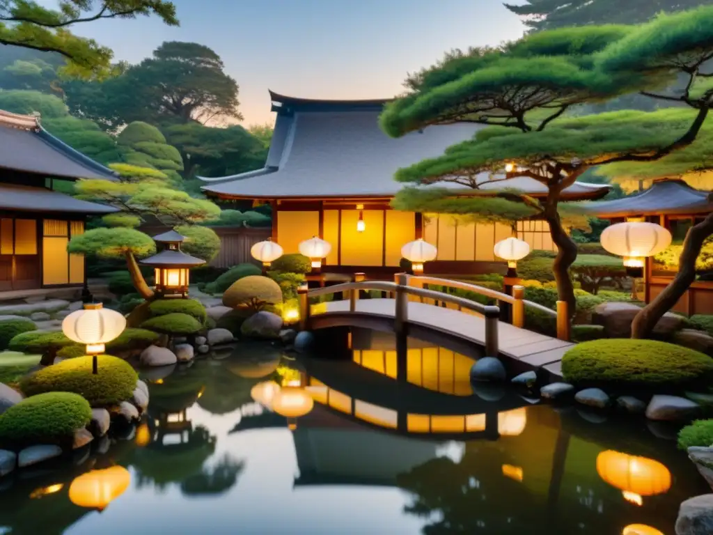 Un jardín japonés tradicional al anochecer, con cuidadas linternas y suaves faroles de papel colgando de los árboles