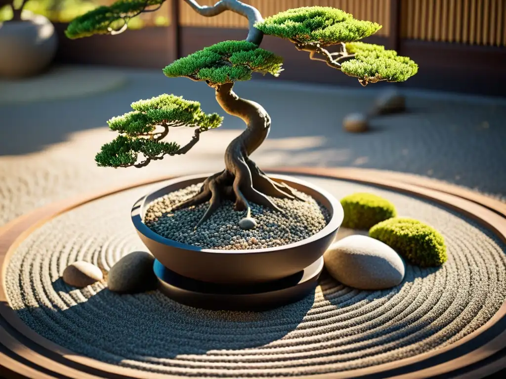 Un jardín zen japonés tradicional con patrones de grava y rocas, iluminado por el sol entre las hojas de un bonsái