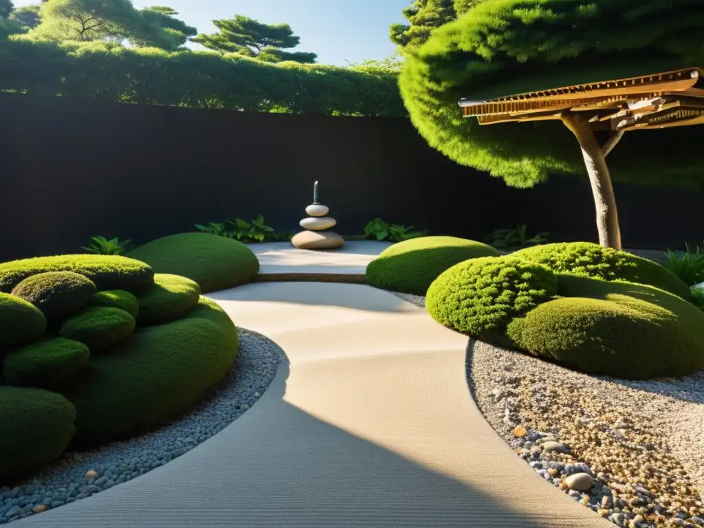 Un jardín zen japonés tradicional con rocas, grava y exuberante vegetación