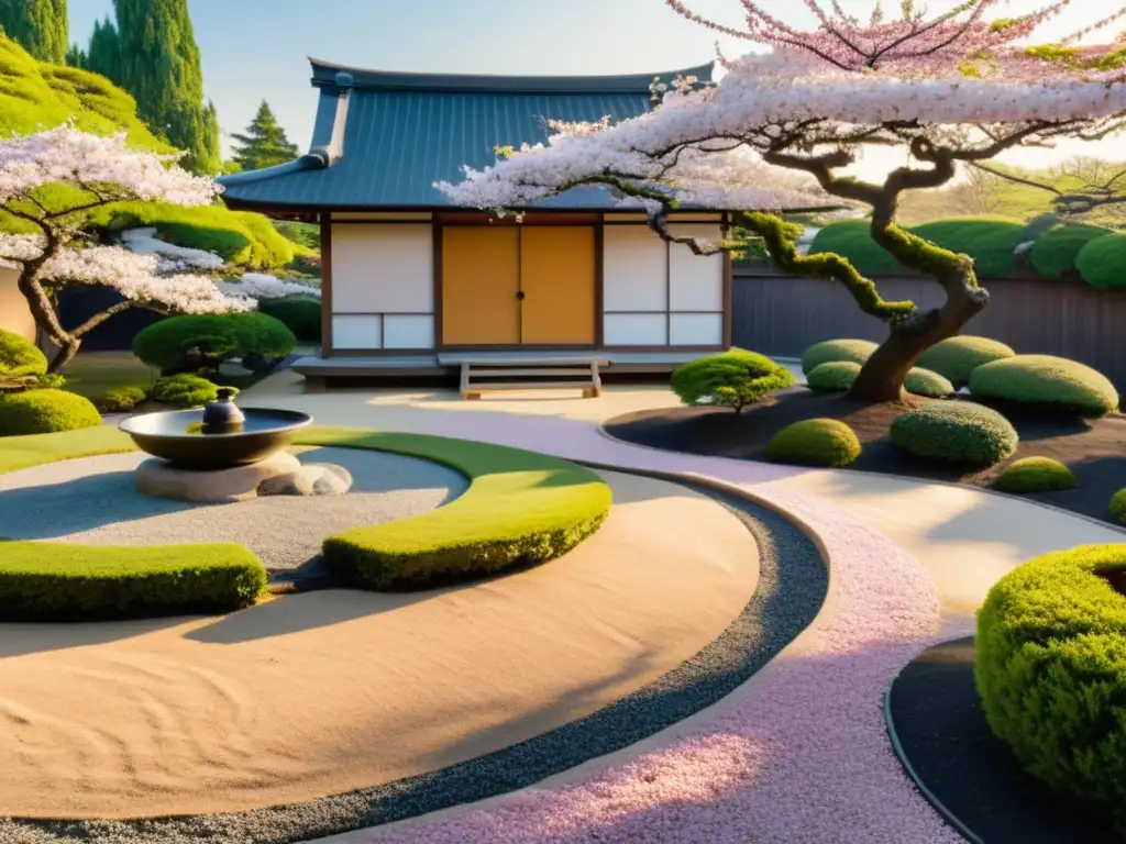 Un jardín japonés tranquilo con bonsáis y una casa de té entre cerezos en flor