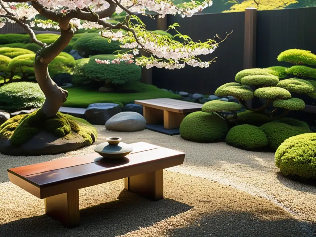 Un jardín japonés tranquilo con bonsáis y cerezos en flor, evocando la influencia del Zen en moda