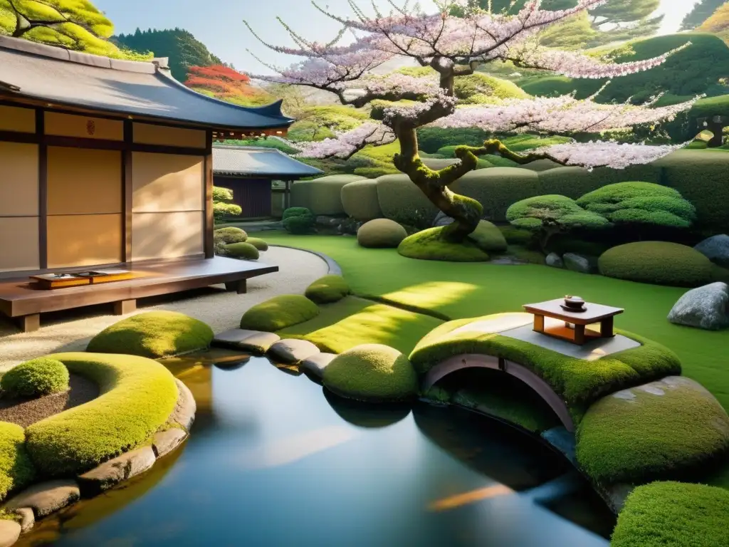 Jardín japonés tranquilo con ceremonia del té, cocina asiática estrellas Michelin chefs