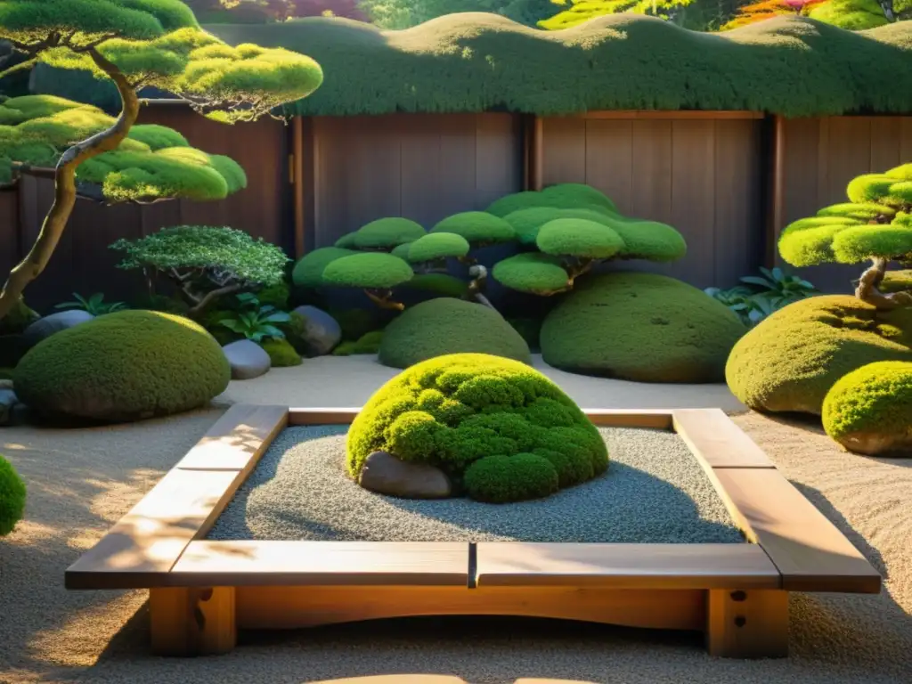 Jardín Zen japonés tranquilo con luz suave del atardecer