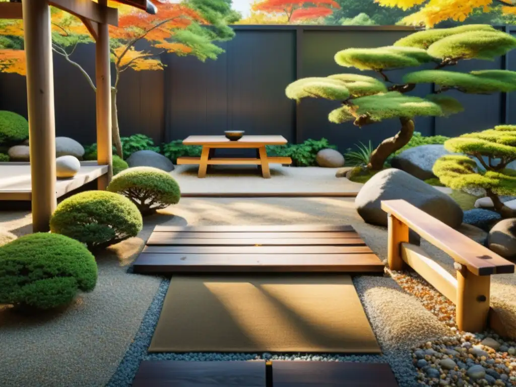 Jardín japonés tranquilo y minimalista con bonsáis, puente de madera y cercado tradicional