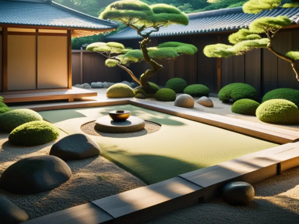 Jardín japonés tranquilo y minimalista con rocas estratégicamente colocadas, rodeado de exuberante vegetación y una estructura de madera tradicional