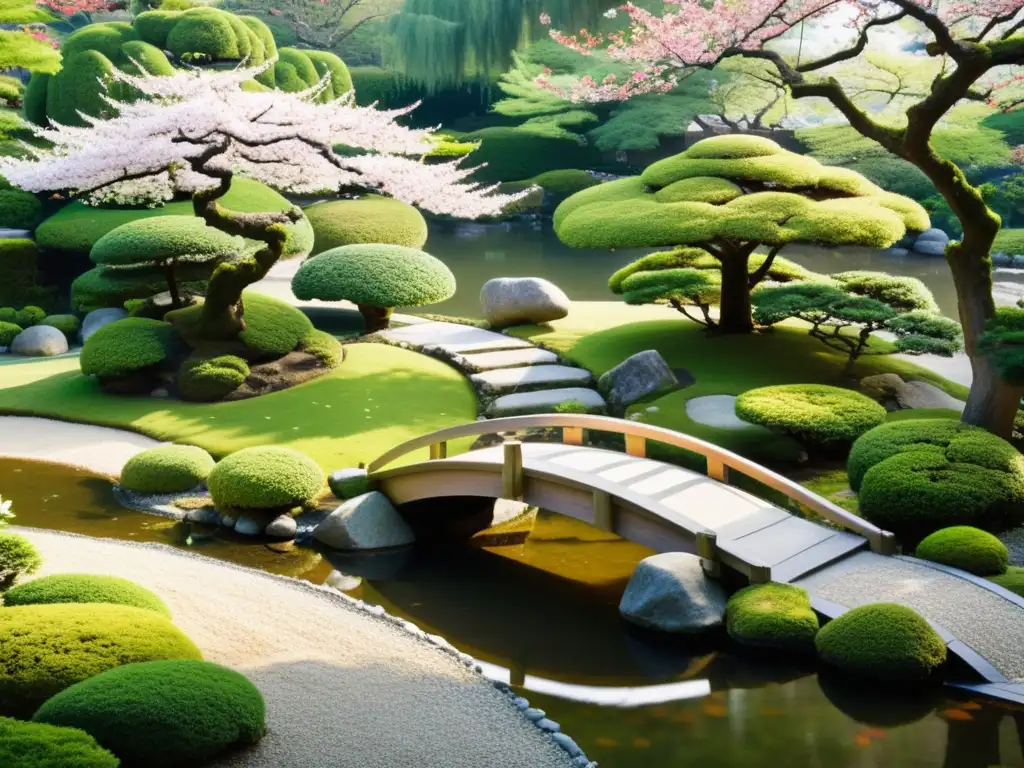 Jardín japonés tranquilo con puente arqueado, árboles podados y flores de cerezo