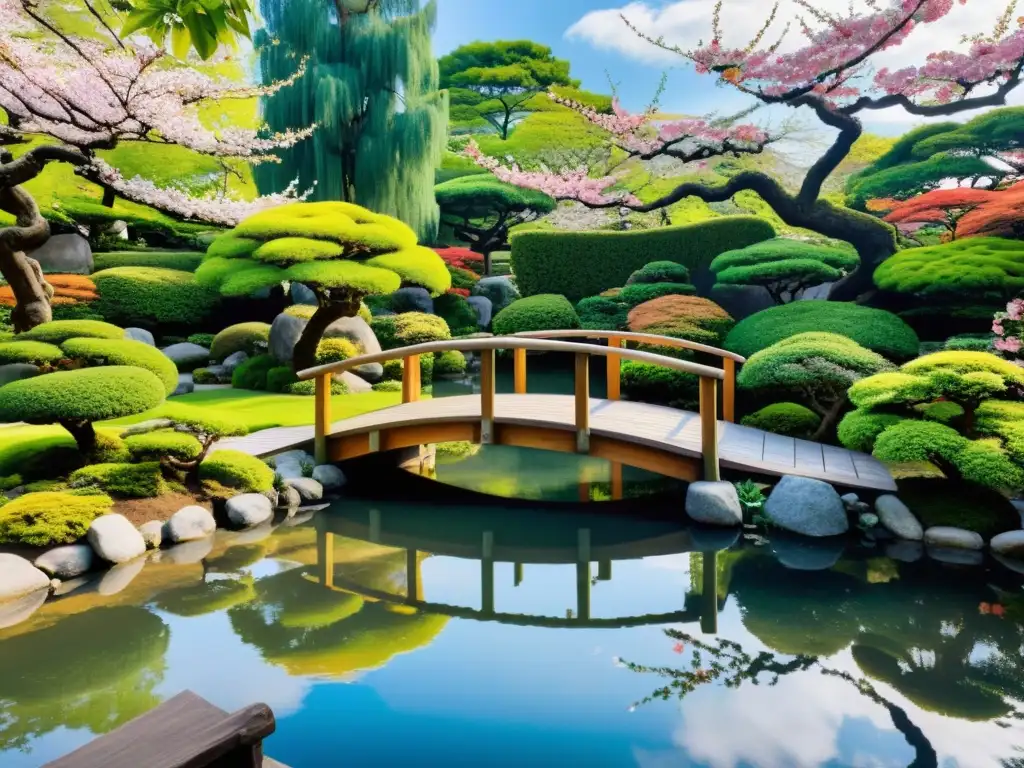 Un jardín japonés tranquilo y sereno con bonsáis, estanque de peces koi y un puente de madera, rodeado de vibrantes colores y una atmósfera única