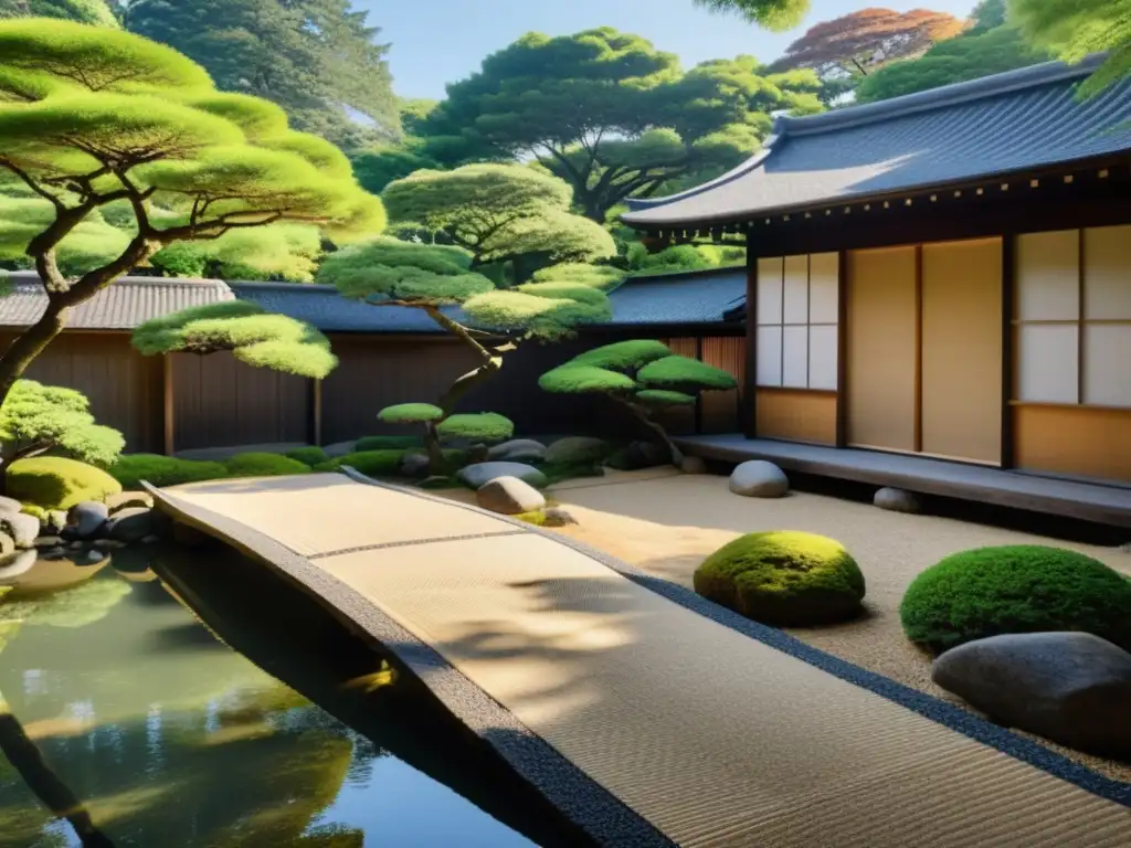 Un jardín japonés tranquilo con diseño tradicional asiático y Feng Shui, rodeado de naturaleza y arquitectura en armonía