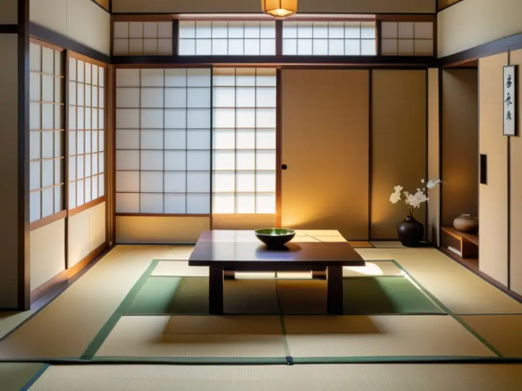 Una habitación tatami japonesa con decoración minimalista, shoji, mesa baja de madera y un tokonoma con un ikebana