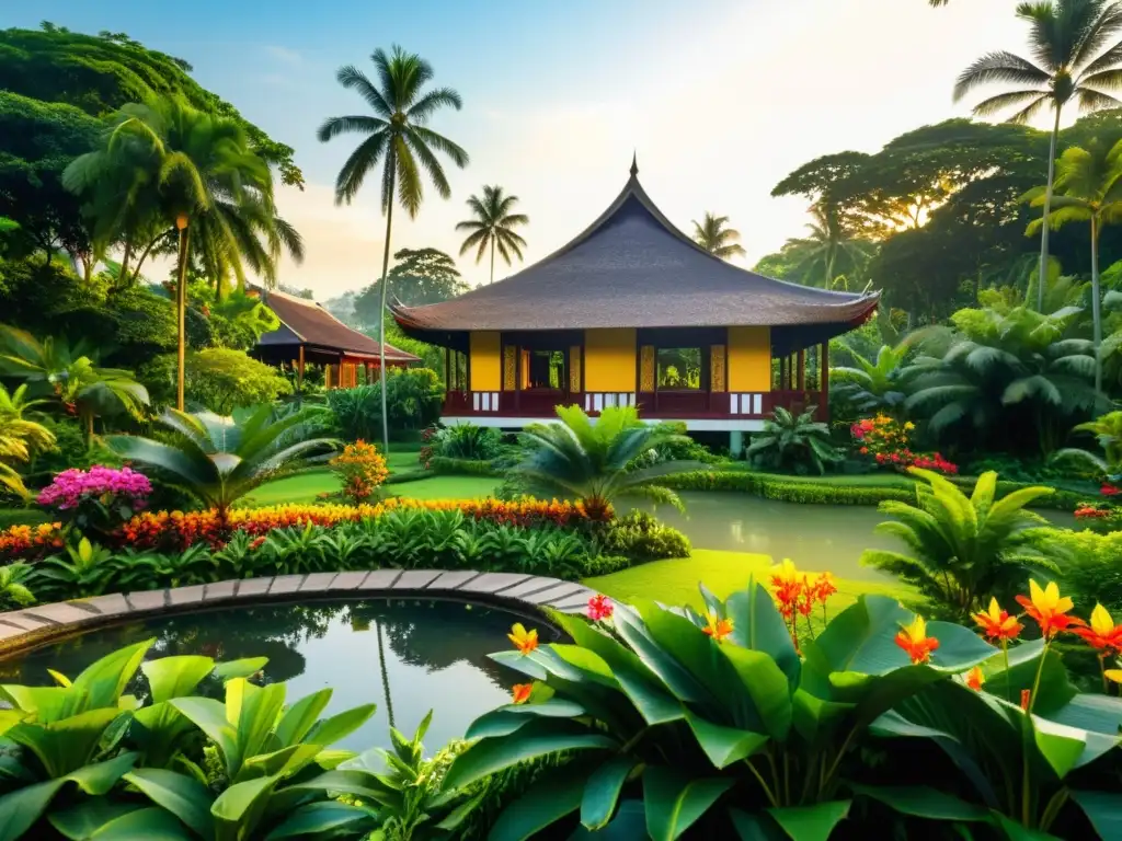 Un jardín exuberante al atardecer con flores tropicales en plena floración, rodeado de palmeras y una casa malaya tradicional