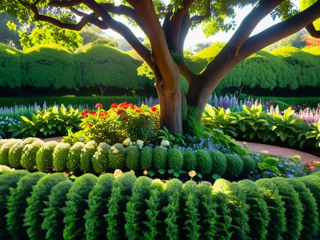 Un jardín exuberante y vibrante bañado por la cálida luz de la tarde