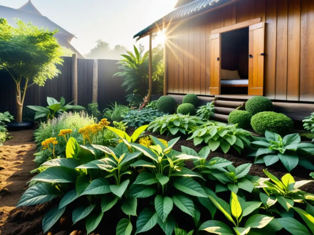 Un jardín exuberante y vibrante de plantas medicinales asiáticas en casa, con luz solar filtrándose entre las hojas y abejas revoloteando