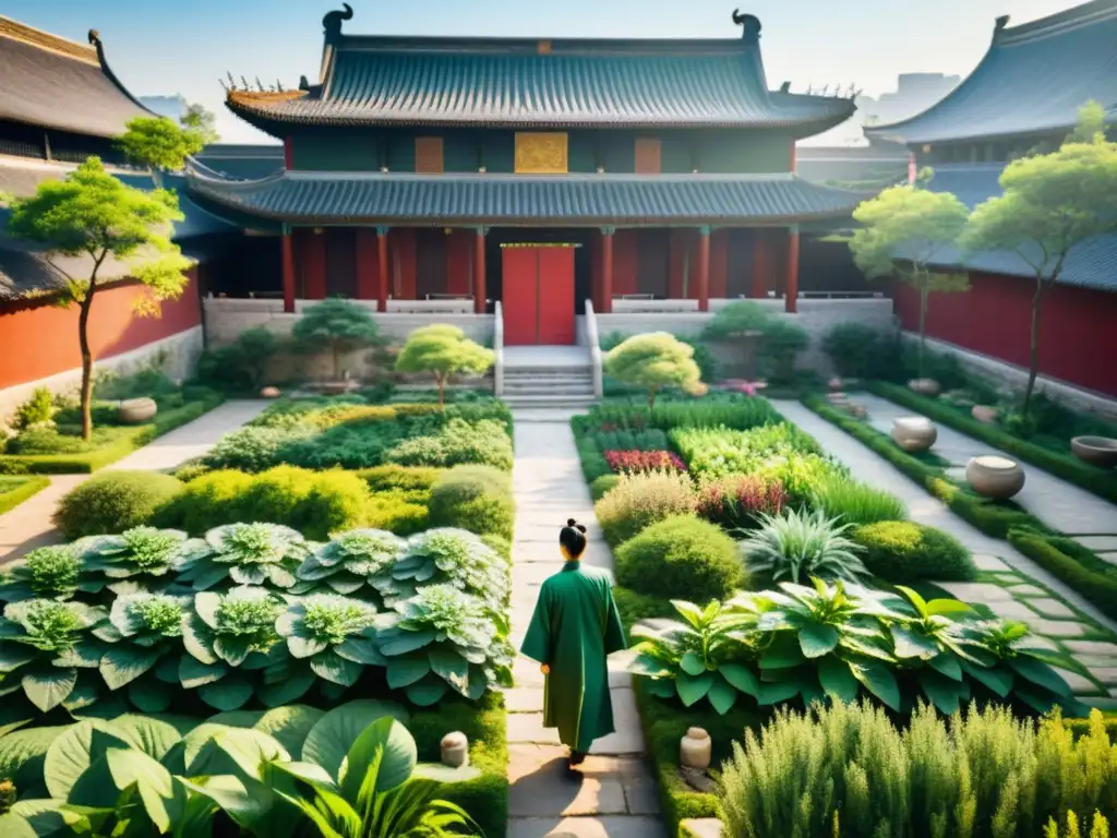 Un jardín de hierbas chinas con plantas exóticas y un practicante