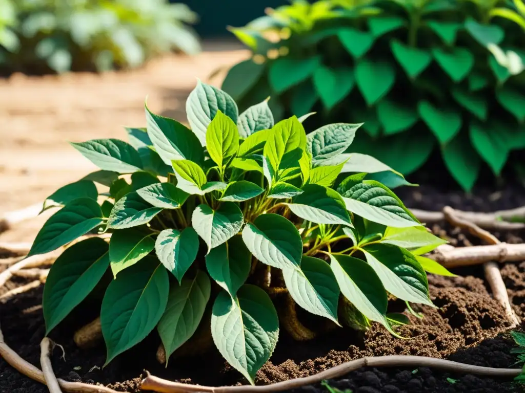 Un jardín de hierbas medicinales asiáticas en casa: una planta de ginseng verde vibrante con raíces intrincadas emergiendo de la tierra oscura