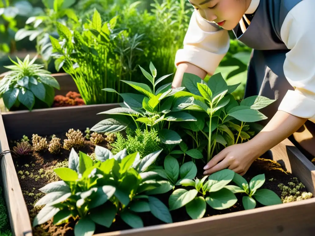 Un jardín de hierbas medicinales coreanas con plantas etiquetadas, un practicante recolectando hierbas con reverencia