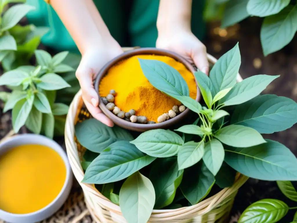 Un jardín lleno de plantas medicinales asiáticas en casa, bañado por la cálida luz del sol, con cestas de hierbas recién cosechadas