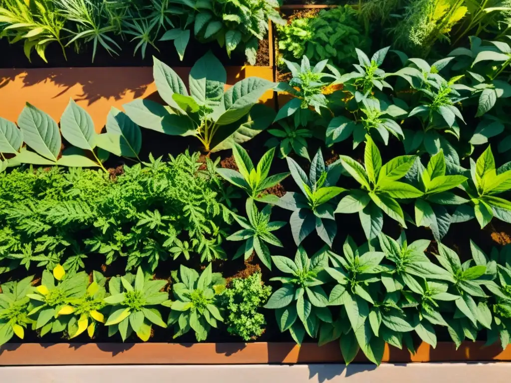 Un jardín de medicina ayurvédica con plantas medicinales como cúrcuma, ashwagandha y albahaca santa