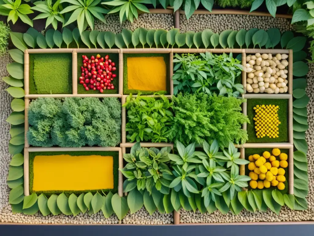 Un jardín de plantas medicinales asiáticas en casa, con ginseng, jengibre, cúrcuma y bayas de goji