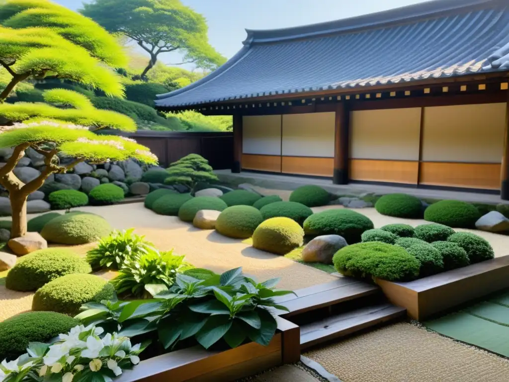 Un jardín de plantas medicinales japonesas, con ordenadas filas de hierbas como jengibre, ginseng y té verde