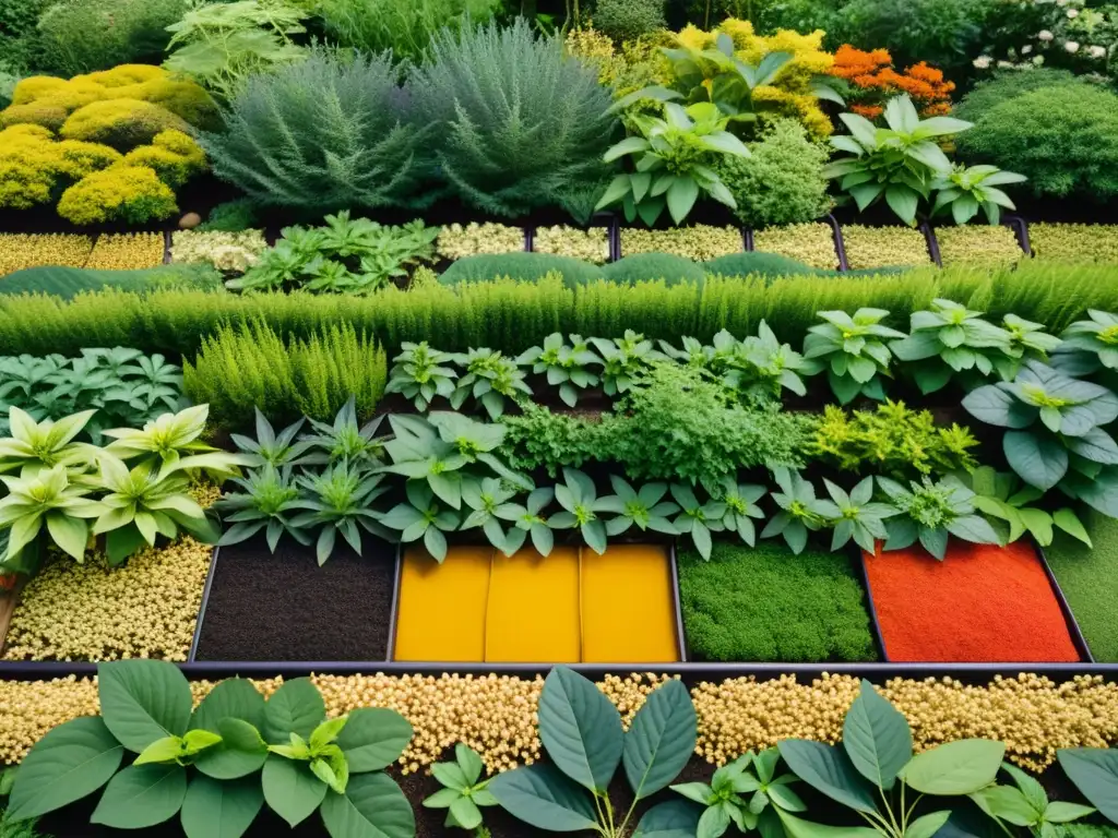 Un jardín de plantas medicinales japonesas, con una variedad de hierbas conocidas como ginseng, jengibre, cúrcuma y té verde