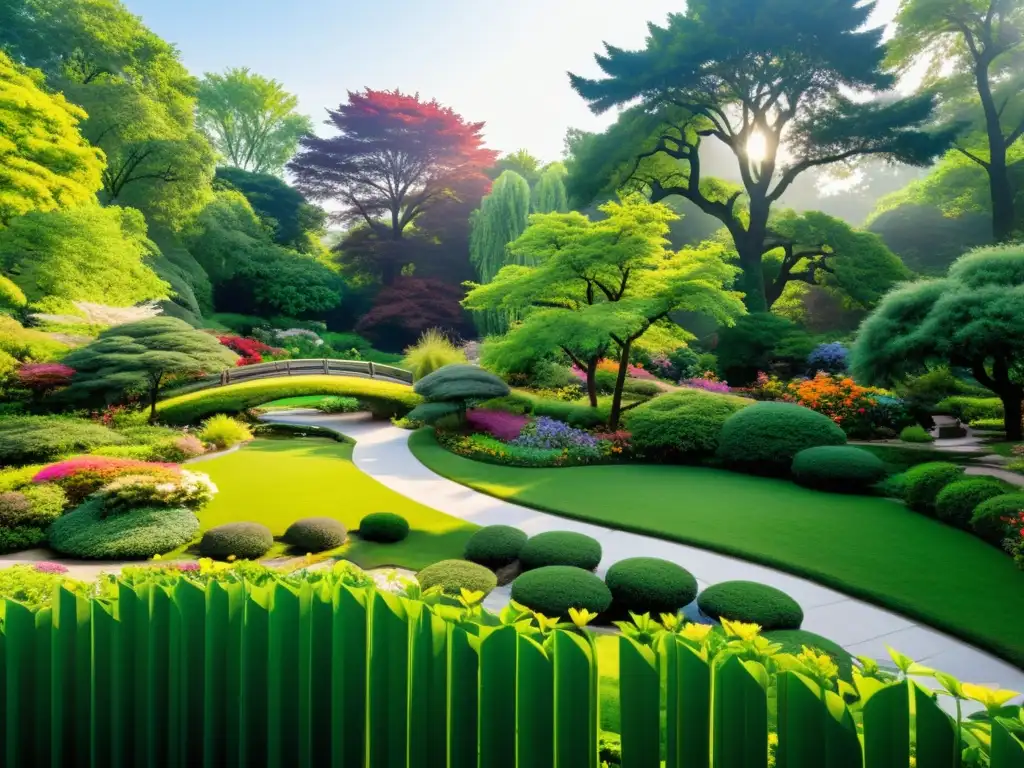 Un jardín sereno y exuberante con un arroyo y personas practicando Tai Chi, transmitiendo paz y equilibrio