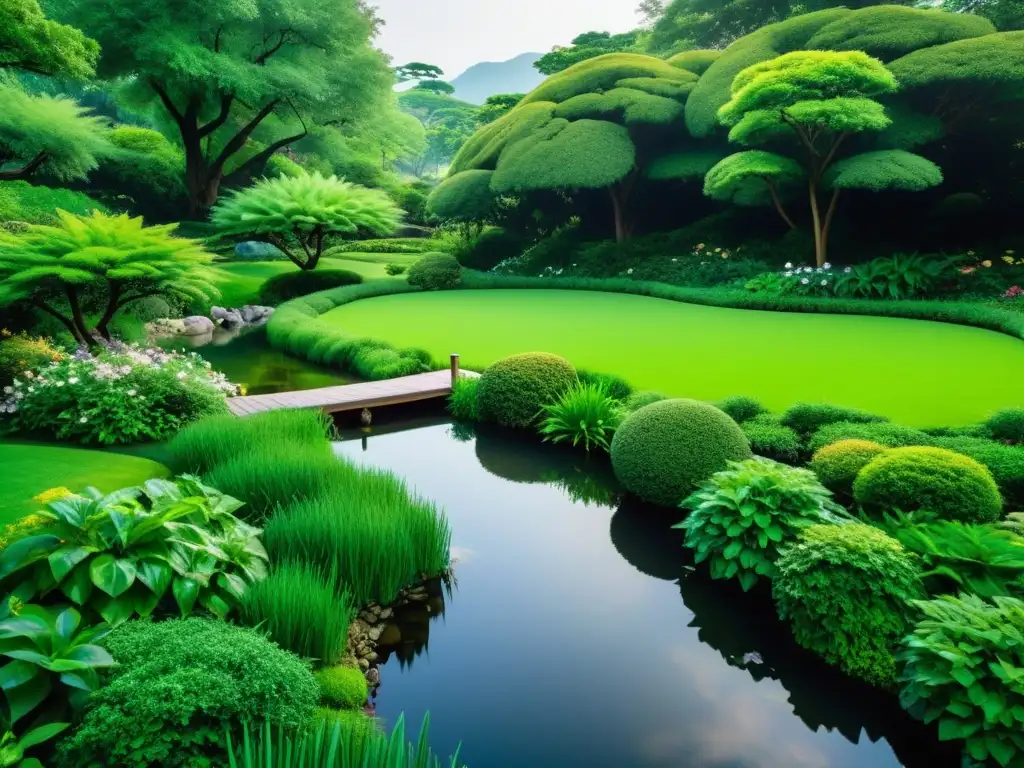 Un jardín sereno y exuberante con un arroyo fluyendo suavemente