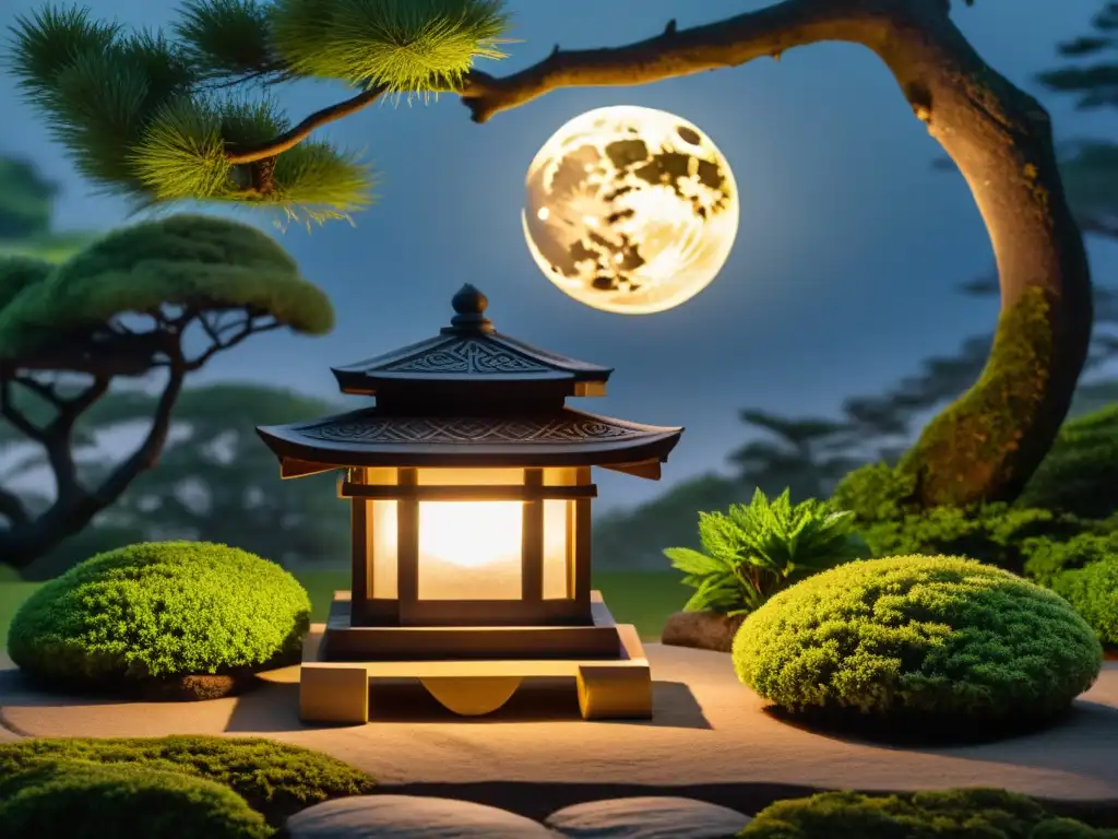 Un jardín sereno iluminado por la luna, con una linterna japonesa tradicional proyectando una suave y cálida luz sobre el follaje circundante