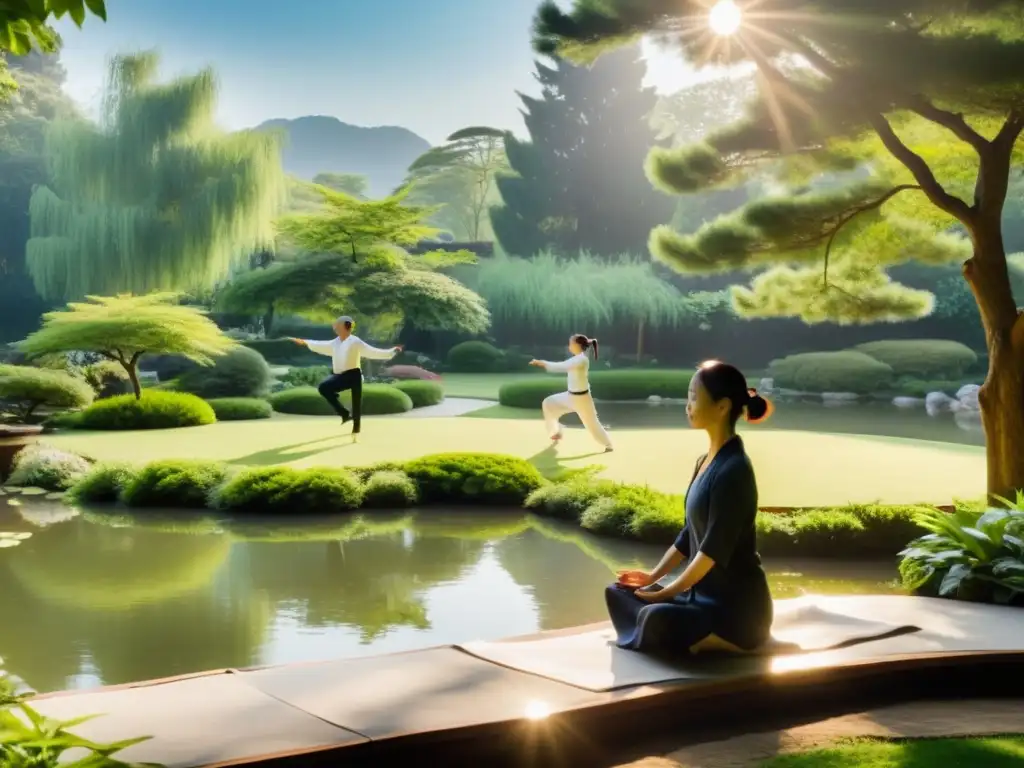 Un jardín sereno iluminado por el sol donde practicantes realizan Tai Chi, fusionando armonía, calma y meditación
