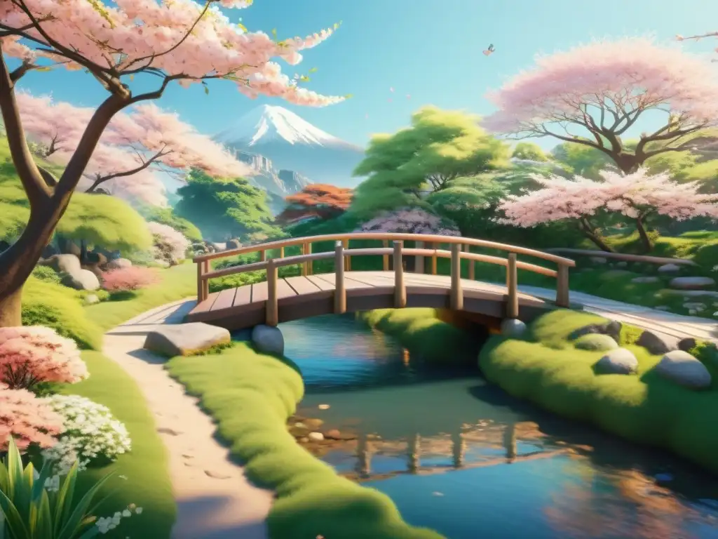 Un jardín sereno y pastel en una escena anime, con cerezos en flor, un puente y un arroyo