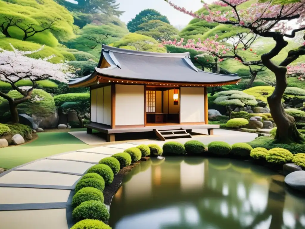 Un jardín sereno con un teahouse japonés, rodeado de cerezos en flor y un maestro de haikus