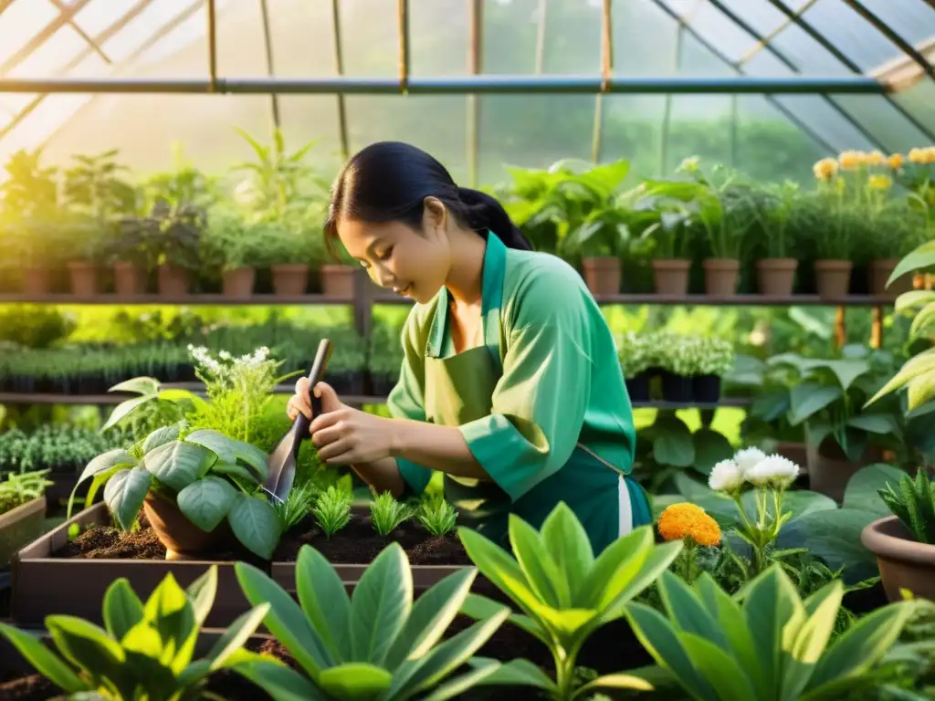 Un jardinero cuida con esmero un exuberante jardín de plantas medicinales asiáticas en casa, con luz dorada filtrándose entre las hojas