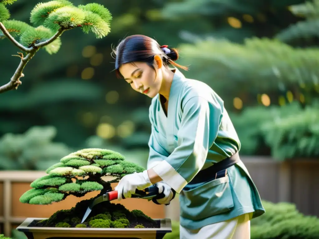 Un jardinero japonés viste atuendo tradicional mientras poda con precisión un bonsái