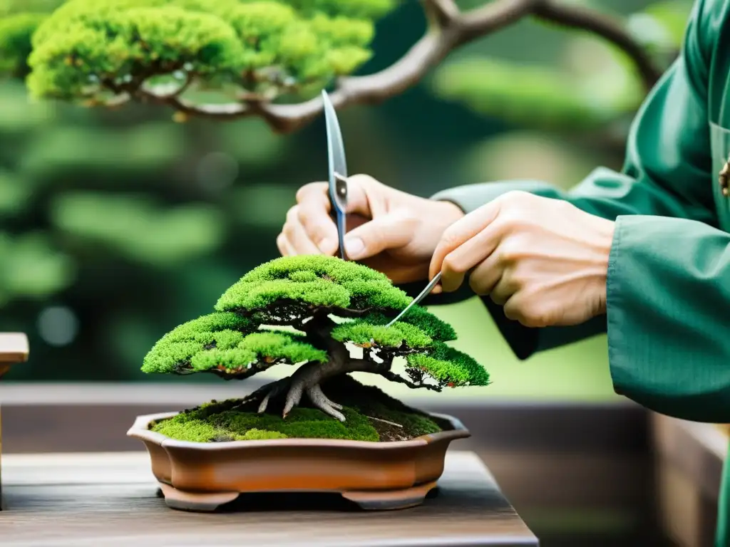 Un jardinero japonés poda con precisión un bonsái en un apacible jardín japonés