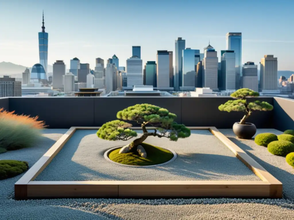 Jardines Zen en Azoteas urbanas: Imagen de un sereno jardín zen en la azotea, armonizando la naturaleza y la vida urbana