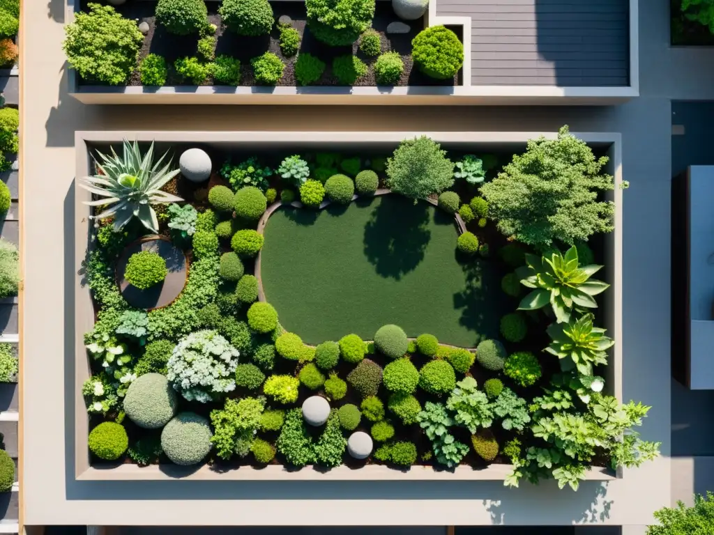 Jardines Zen en Azoteas urbanas: oasis tranquilo entre rascacielos, con rocas, bonsáis y agua, contrastando con la ciudad bulliciosa