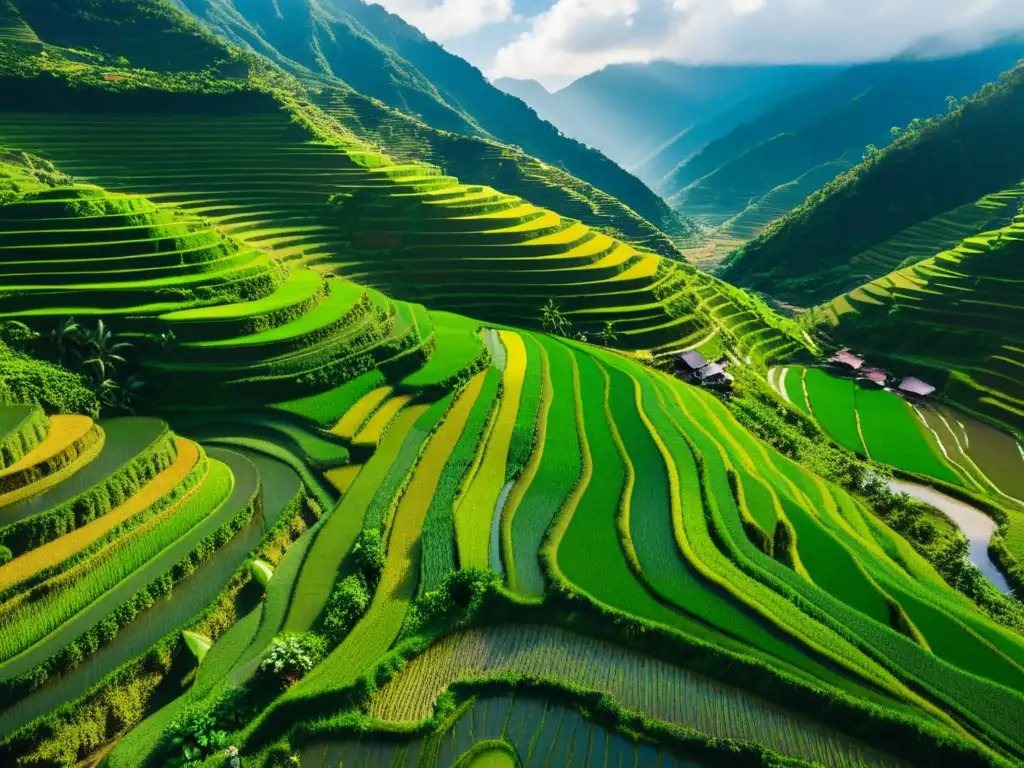 Jardines y granjas en alturas asiáticas: Vista aérea de terrazas de arroz con gran contraste entre la exuberante vegetación y el terreno rocoso