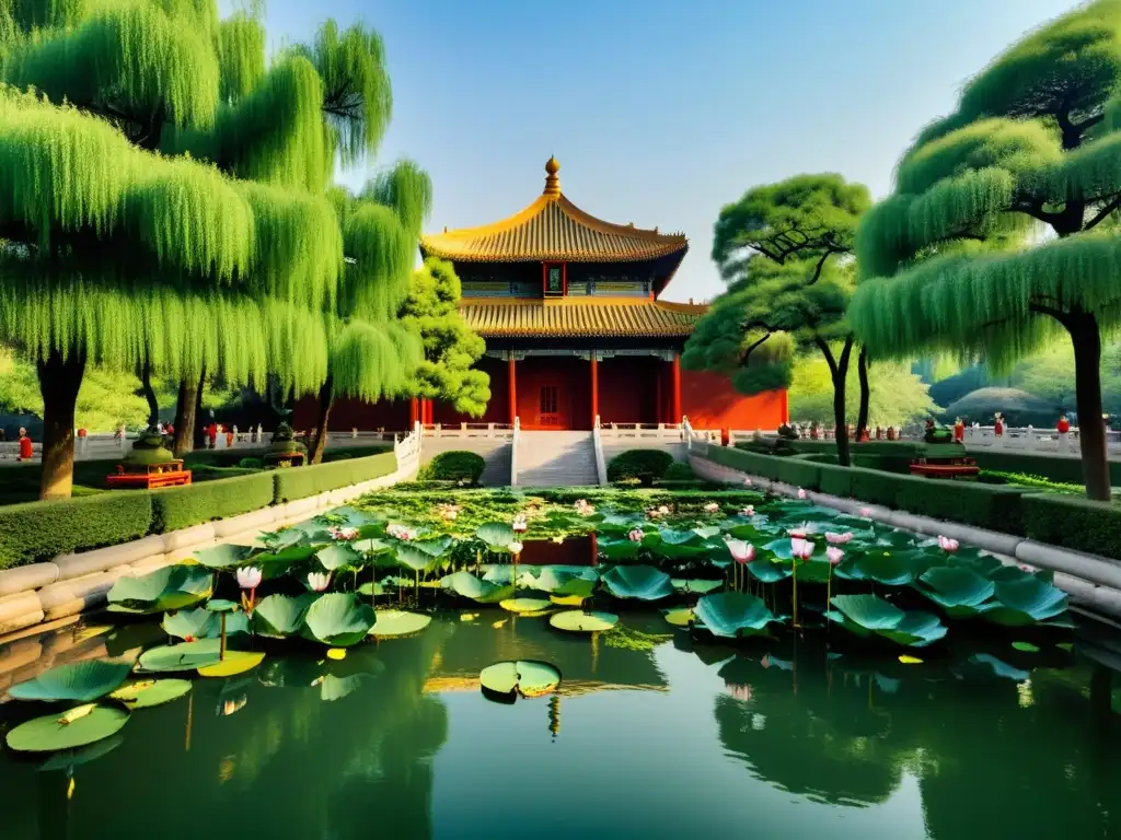 Jardines imperiales de Beijing: serenidad en la metrópolis con laguna de lotos, pagodas y visitantes disfrutando de la belleza atemporal