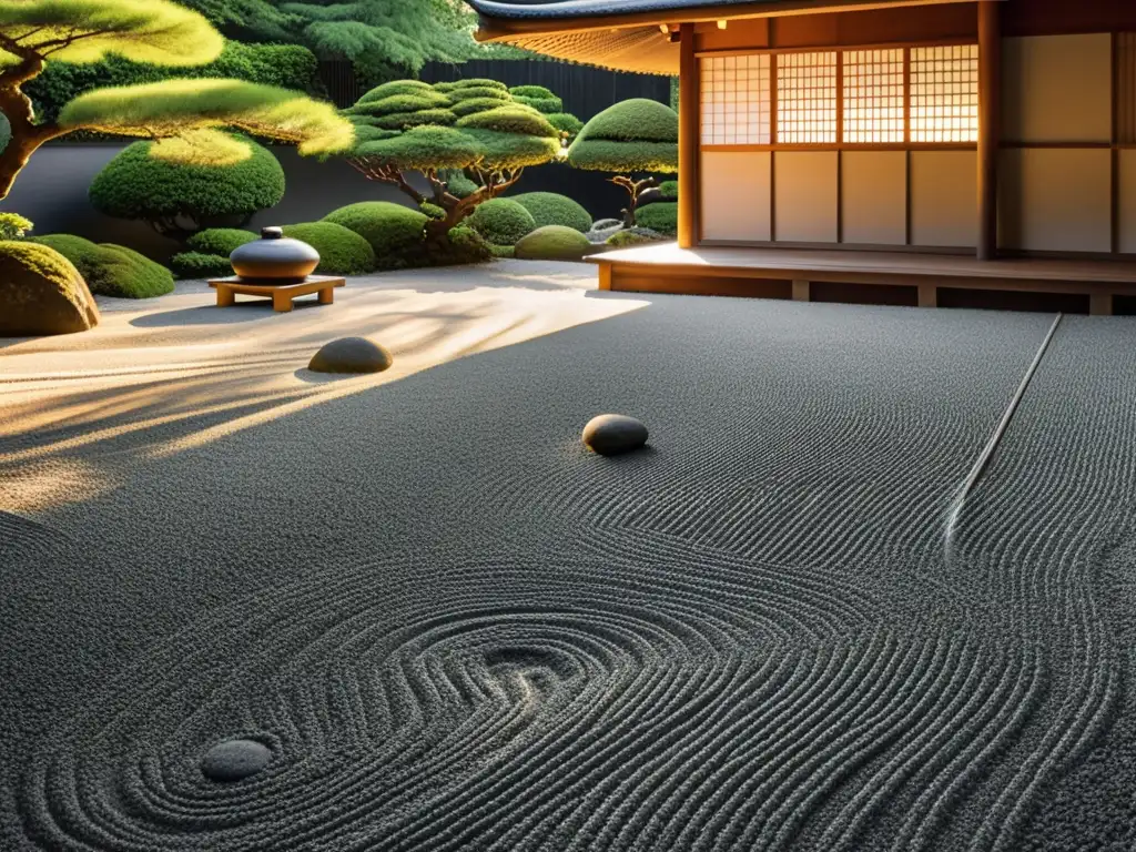 Jardines y templos de filosofía Zen: Fotografía en blanco y negro de un sereno jardín japonés, con patrones de grava y un templo de madera al fondo