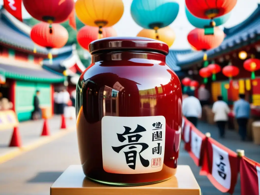 Una jarra de cerámica coreana llena de pasta roja picante Kochujang, en un bullicioso mercado tradicional coreano