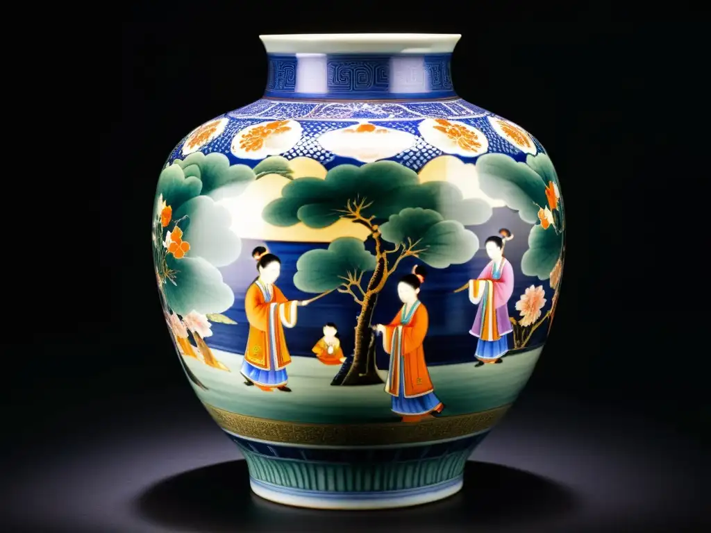 Un jarrón chino de porcelana de la dinastía Qing, decorado con escenas tradicionales detalladas